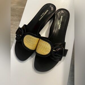 Black Leather Natural Straw Flats- Made in Italy